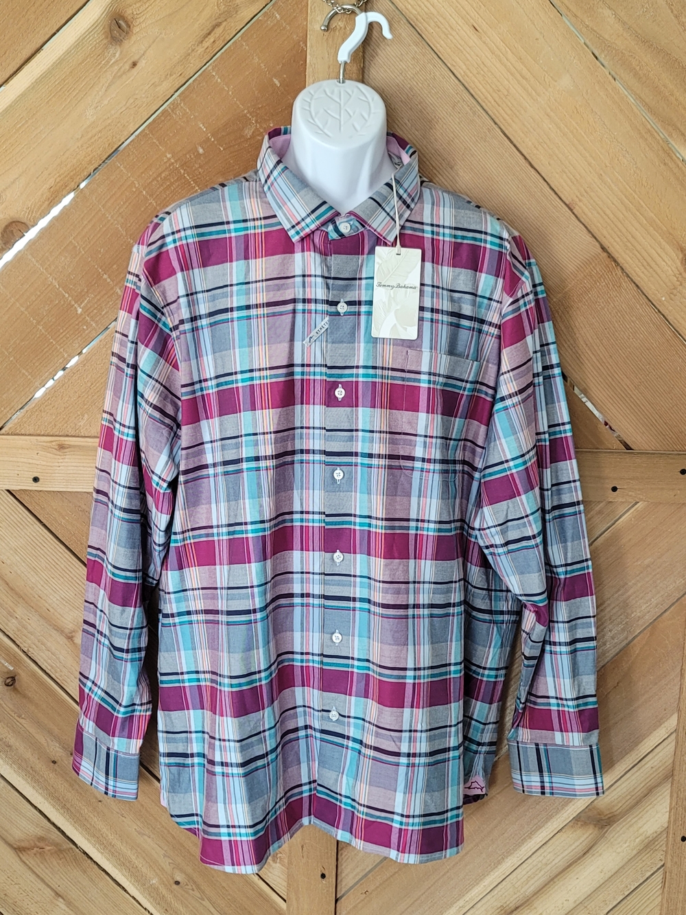 Tommy Bahama Men's Plaid Button-Down Shirt in Burgundy and Light Blue